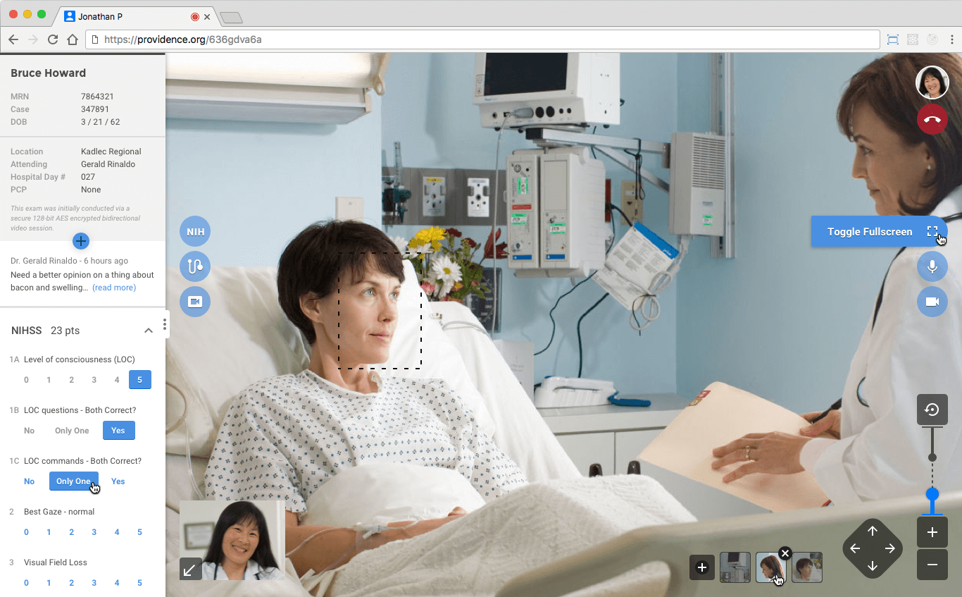 Provider view of video service from a cart situated in an patient's room. Clockwise from the top left: Patient information card with NIH stroke scale tool, provider account, audio/video controls, remote camera controls, saved xyz view positions, self view, on cart tool controls. We did a facial detection prototype during one of the group's hackathons.
