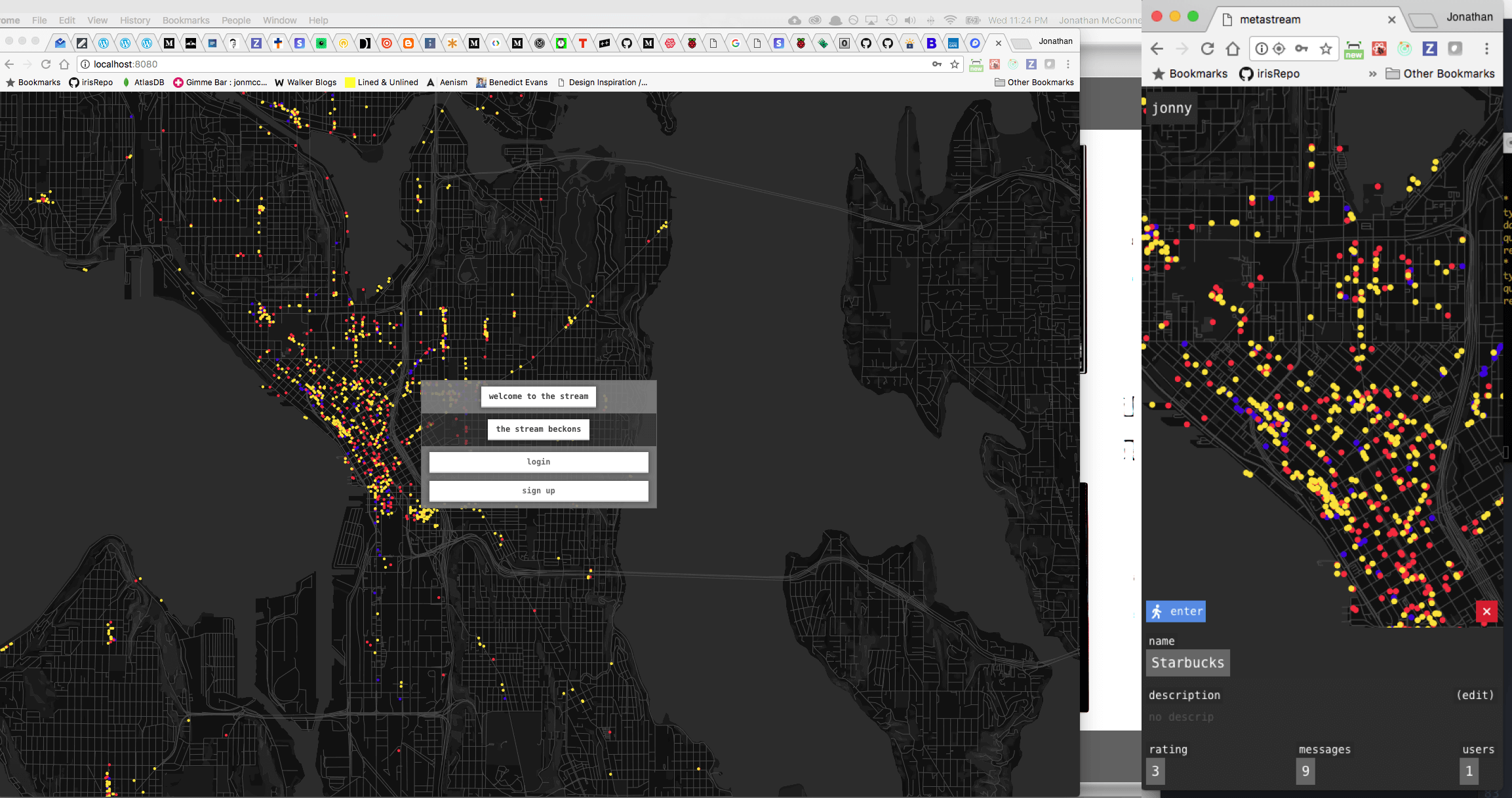 Responsive web app with user login, user generated messages attached to OSM shops, restaurants, and points of interest / built by Mike Shrieve